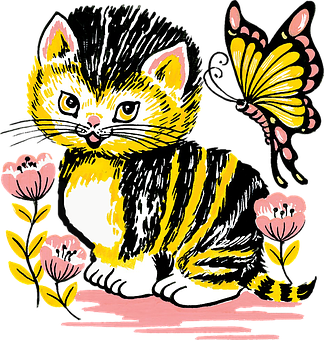 Colorful Kittenand Butterfly Illustration PNG