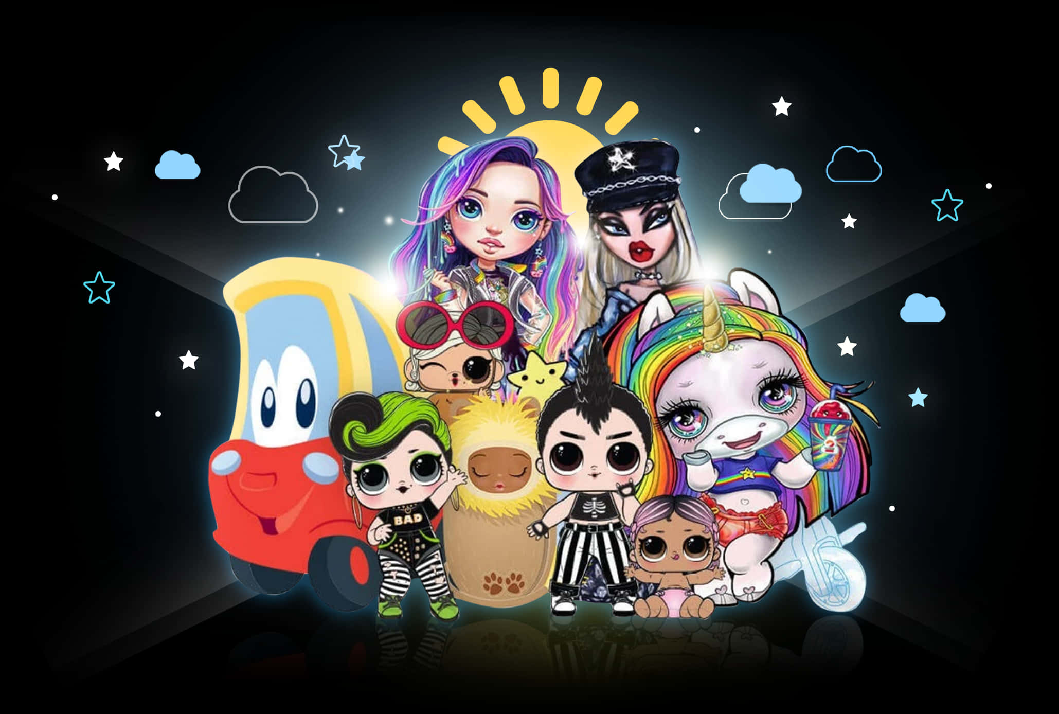 Colorful L O L Dolls Group Illustration PNG