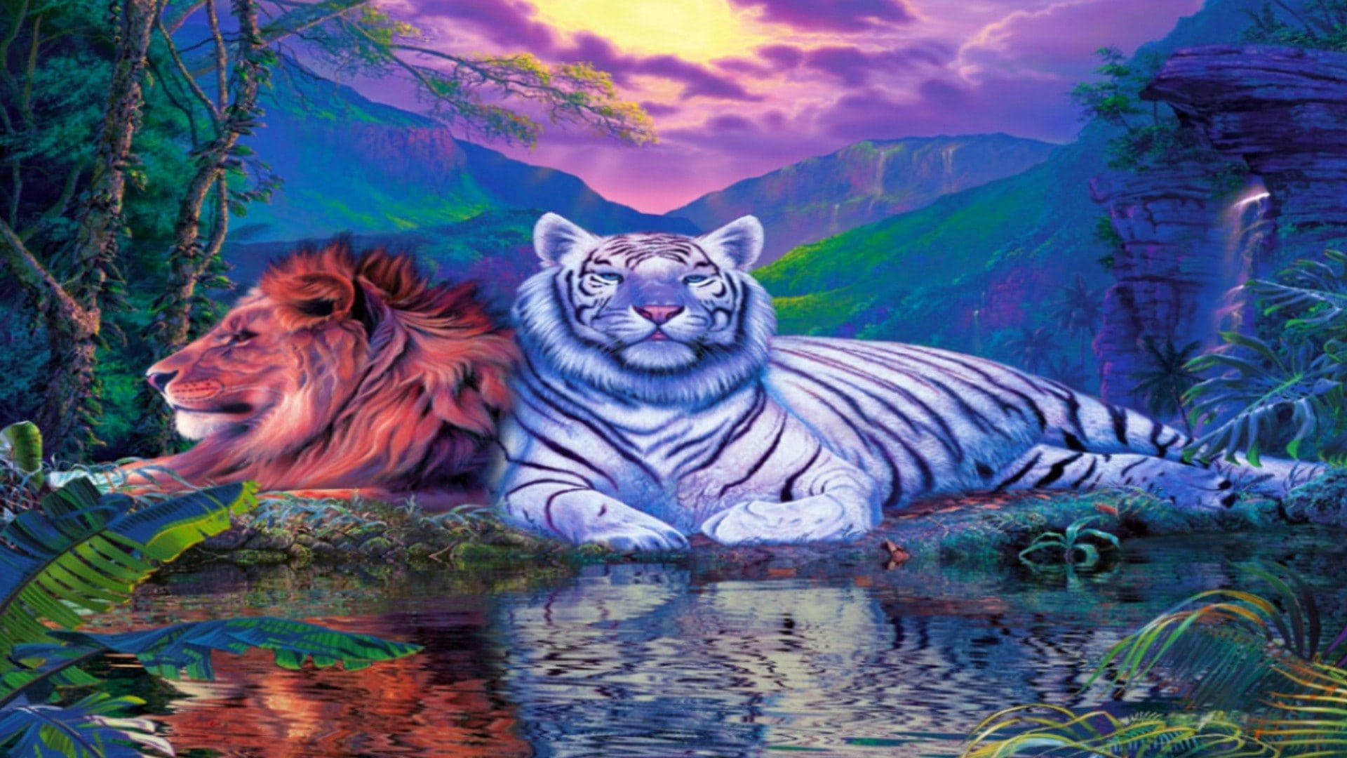 Colorful Lion And Tiger Art Wallpaper