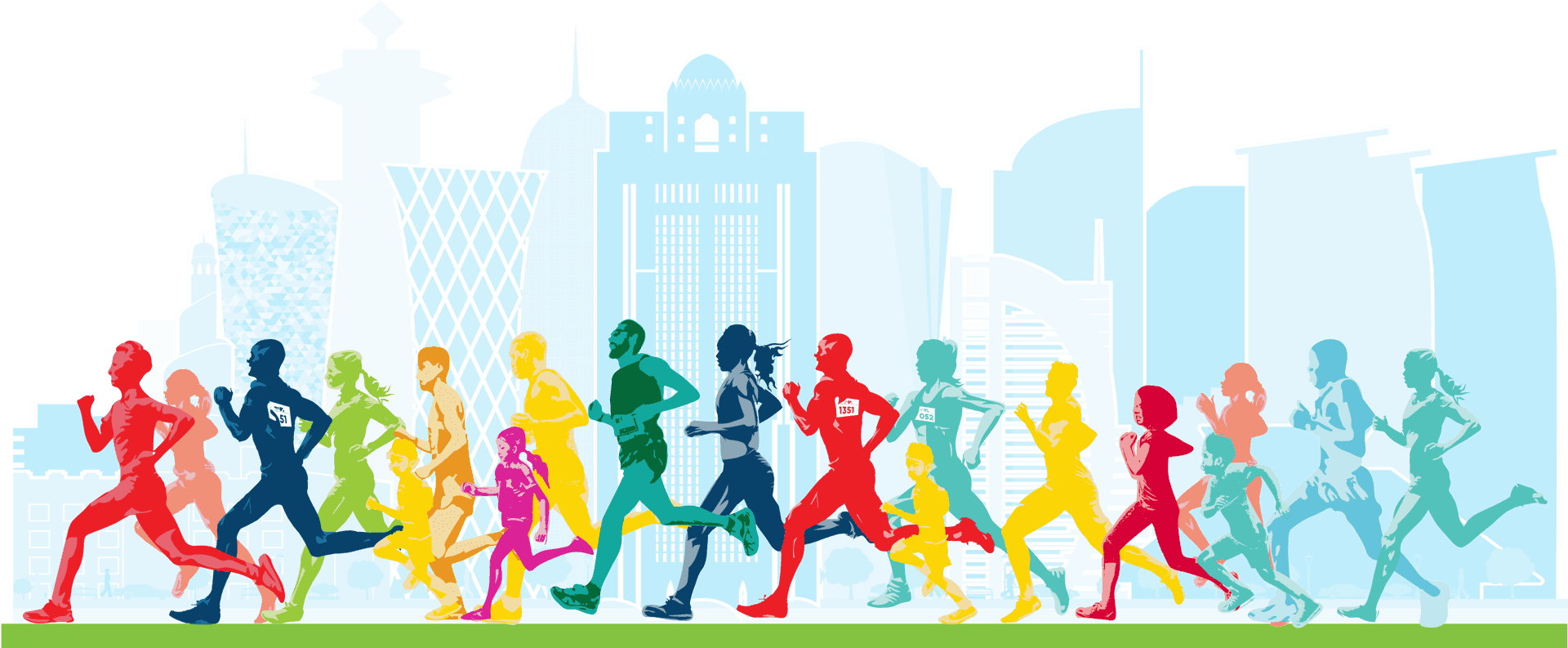 Colorful Marathon Runners Qatar Skyline PNG