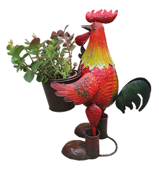 Colorful Metal Rooster Planter PNG