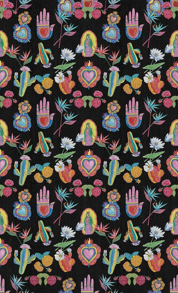Colorful Mexican Folk Art Pattern Wallpaper