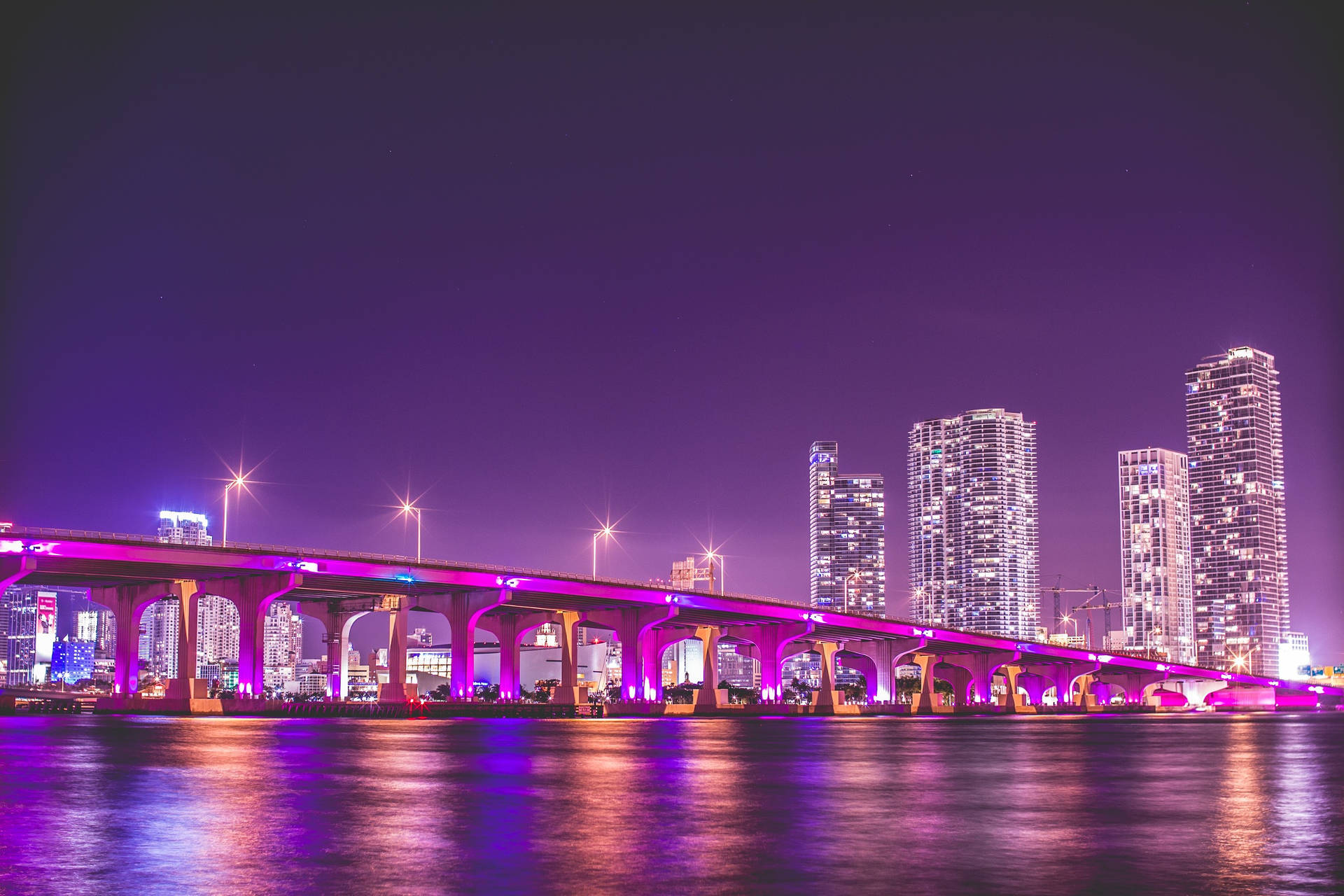Colorful Miami Bridge At Night Wallpaper