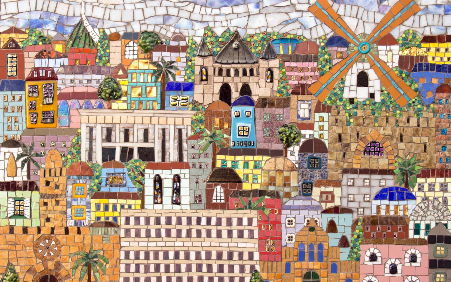 Colorful Mosaic Artwork Depicting Cityscape Wallpaper