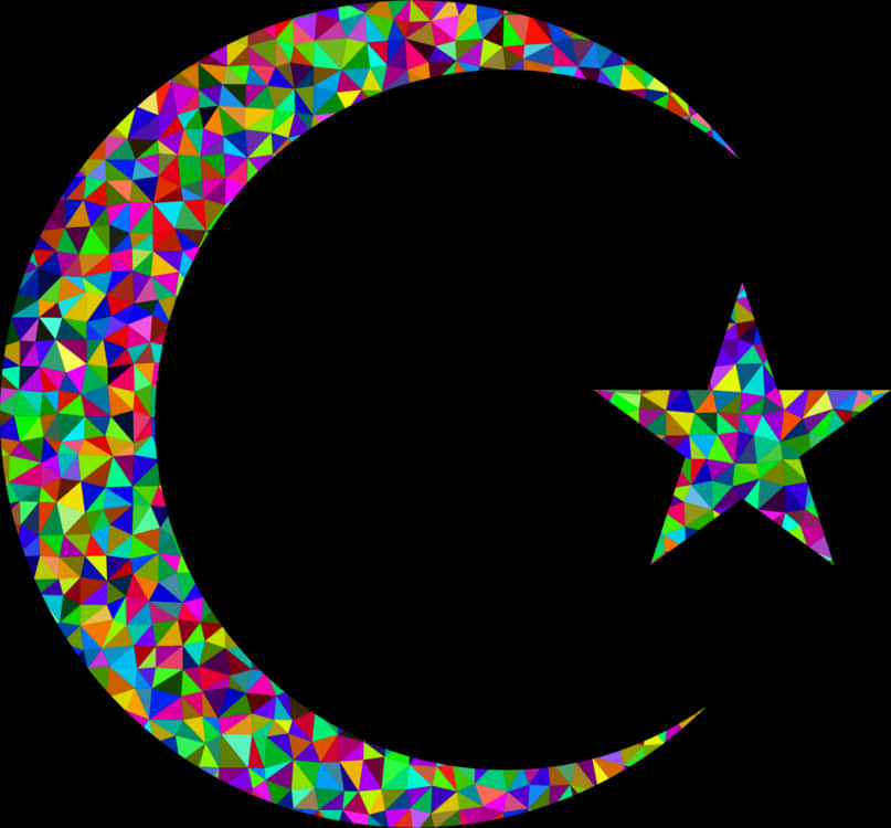 Colorful Mosaic Crescent Moonand Star PNG