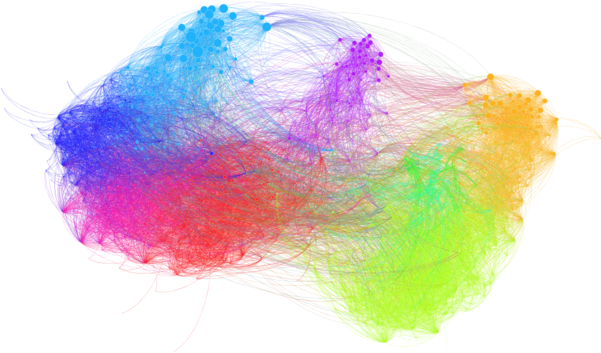 Colorful Network Graph Visualization PNG — Vibrant abstract swirl of neon colors against black background with chaotic brushstroke textures.