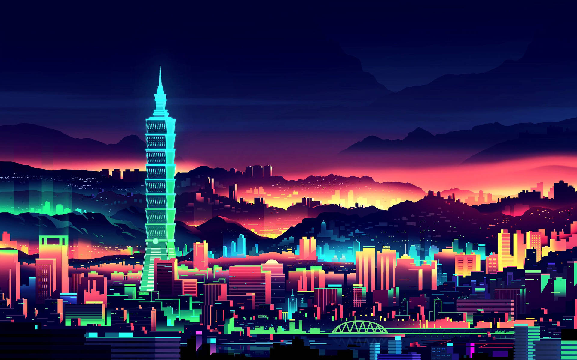 Download wallpaper 1366x768 city, silhouette, art, cyberpunk, futurism,  sci-fi tablet, laptop hd background