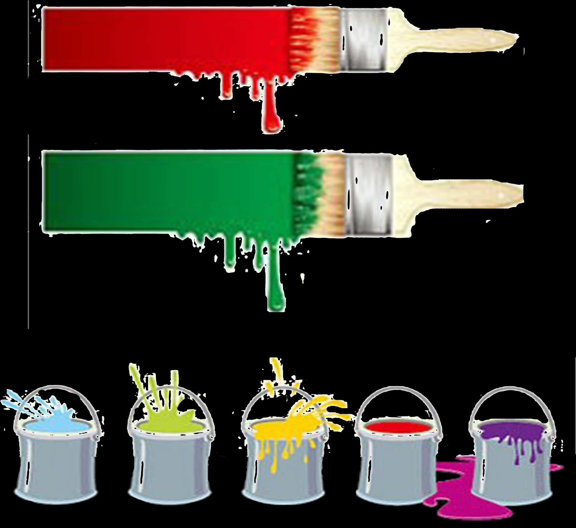 Colorful Paintbrushesand Paint Buckets PNG