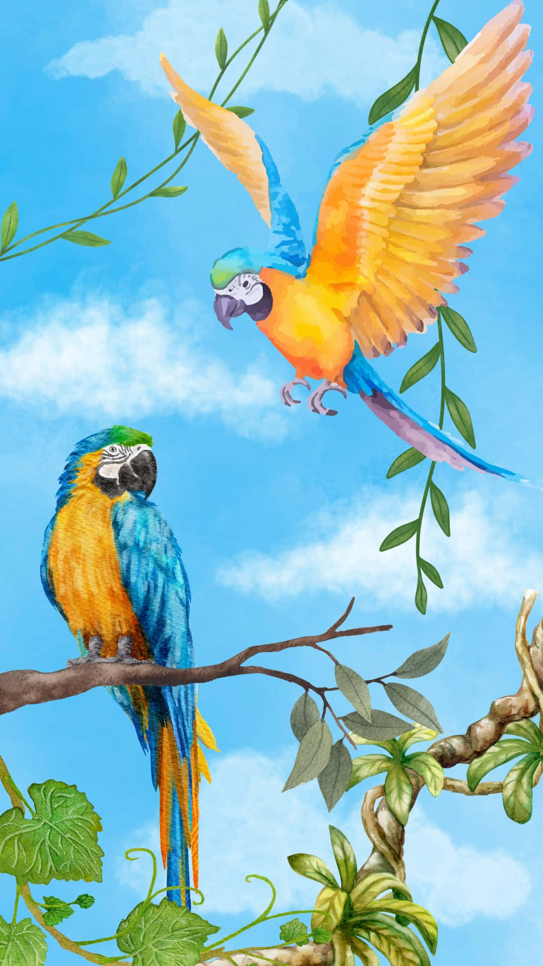 Colorful_ Parakeets_in_ Flight_and_ Perch Wallpaper
