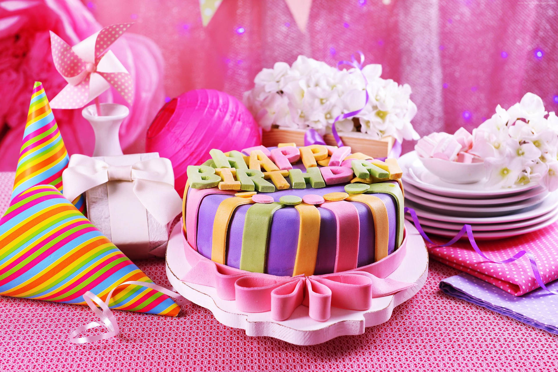 Colorful Party Cake Happy Birthday Flower Wallpaper