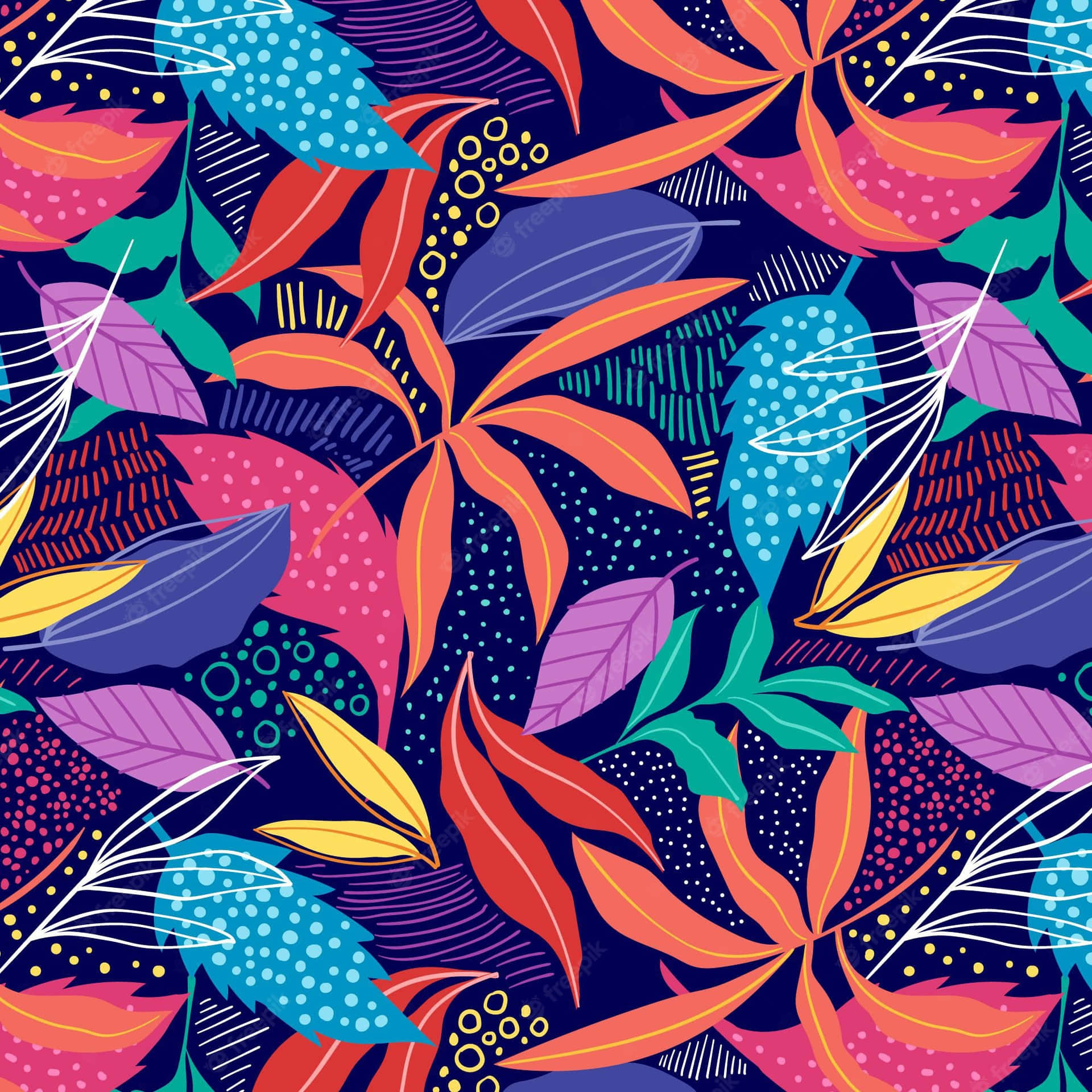 A Colorful Tropical Pattern With Leaves And Flowers Wallpaper