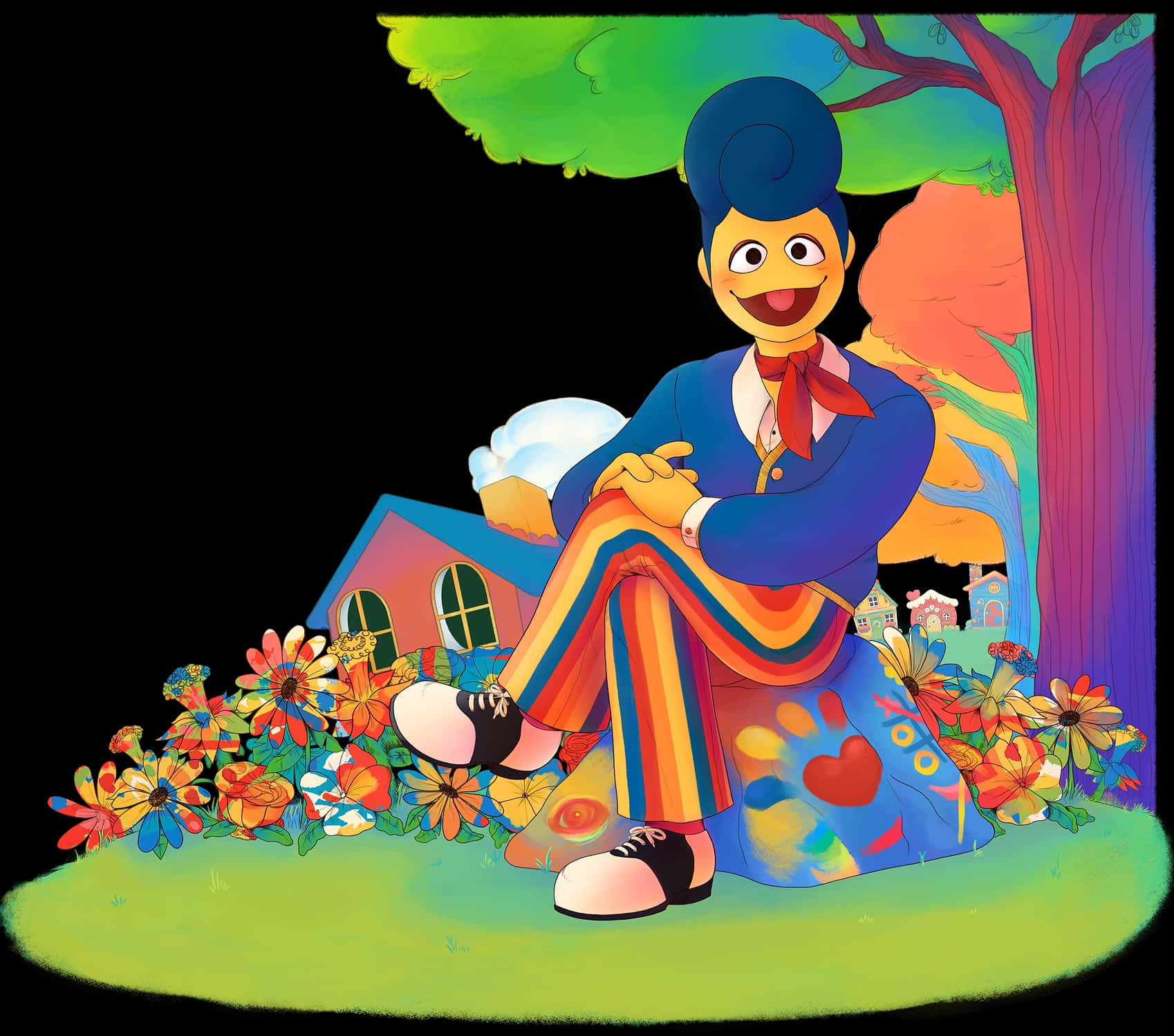 Colorful_ Puppet_ Character_ Sitting_ Outdoors Wallpaper
