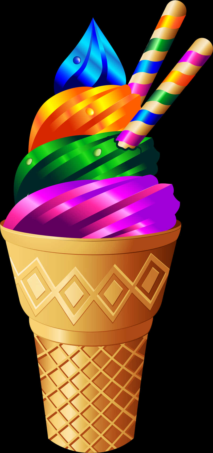 Colorful Rainbow Ice Cream Cone PNG