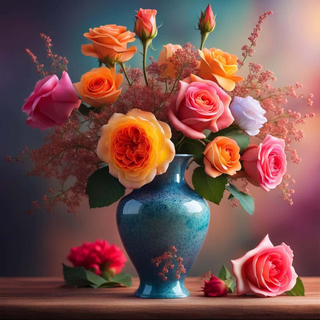 Colorful Rosesin Blue Vase Wallpaper