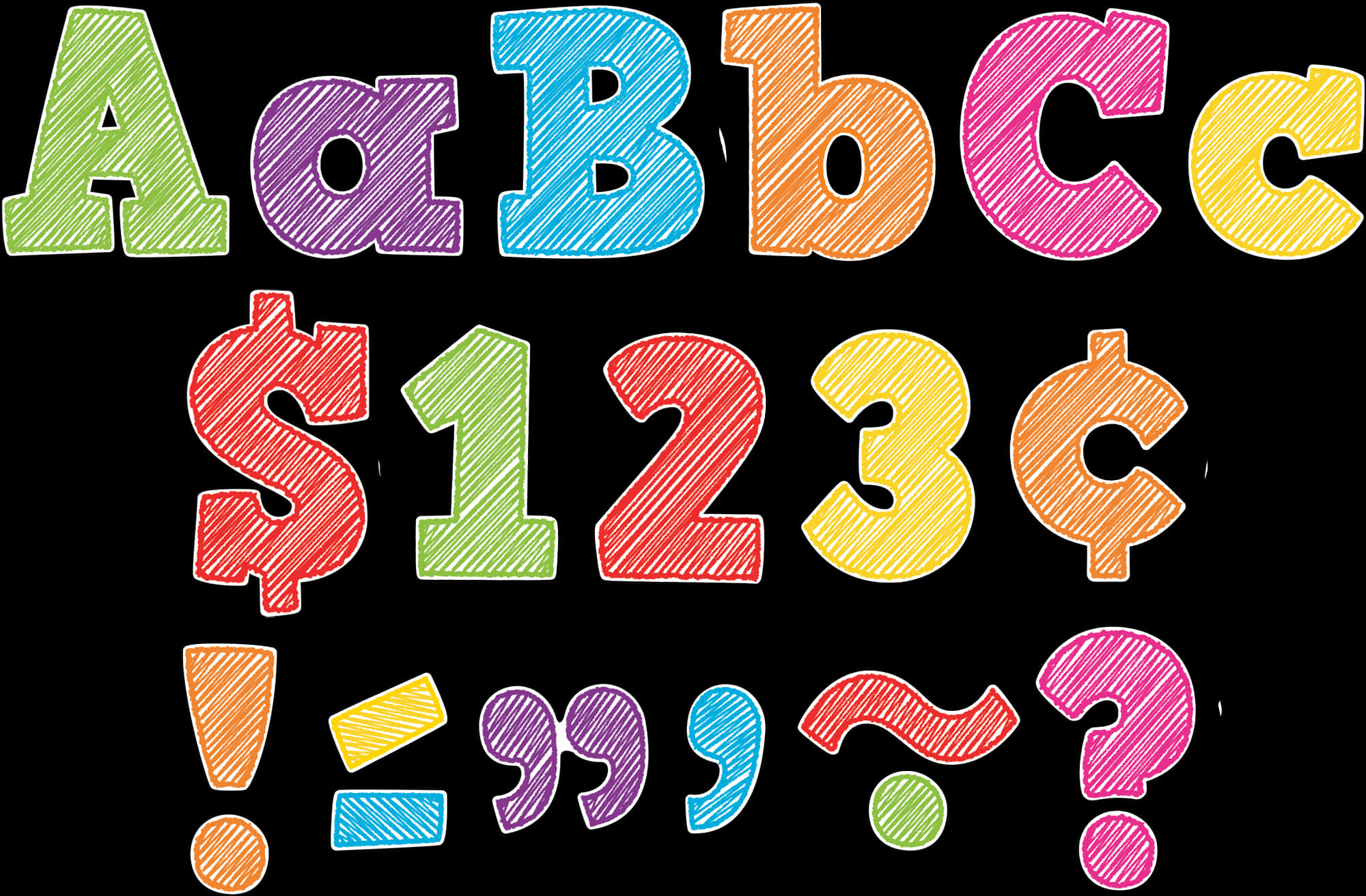 Colorful Scribbled Alphabetand Numbers PNG