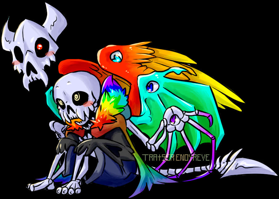 Colorful Skeletonand Creature Art PNG