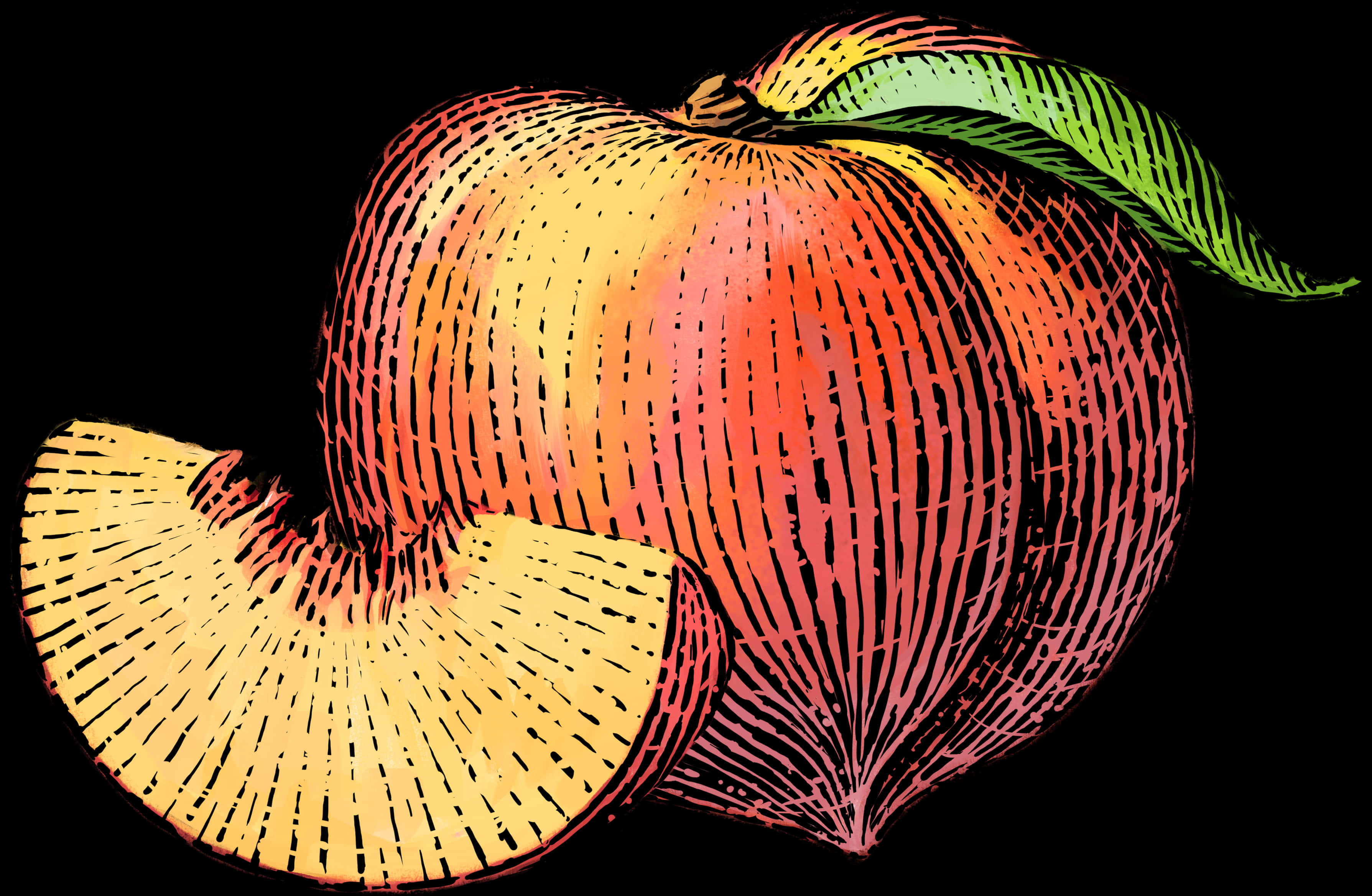 Colorful Sketched Peachand Slice PNG