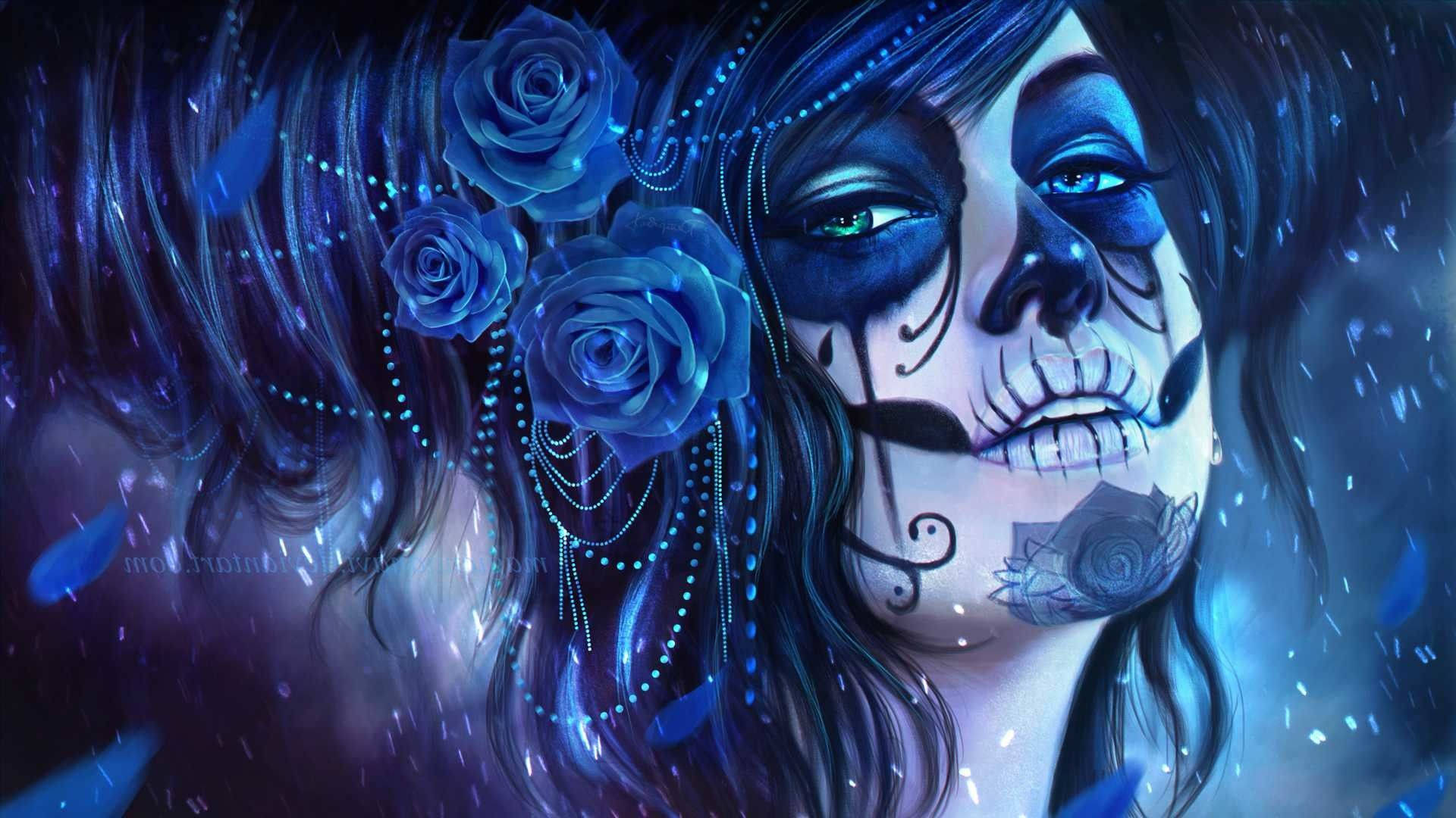 En kvinde med blå makeup og roser i hendes hår Wallpaper
