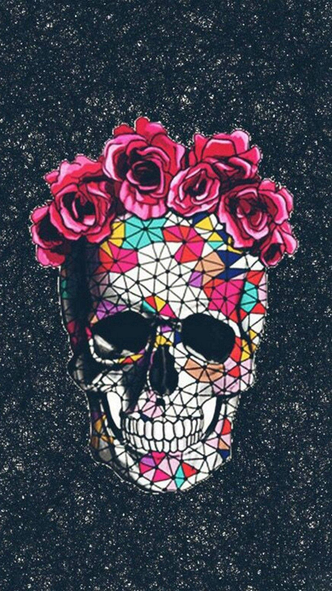 Colorful Skull With Pink Roses Wallpaper