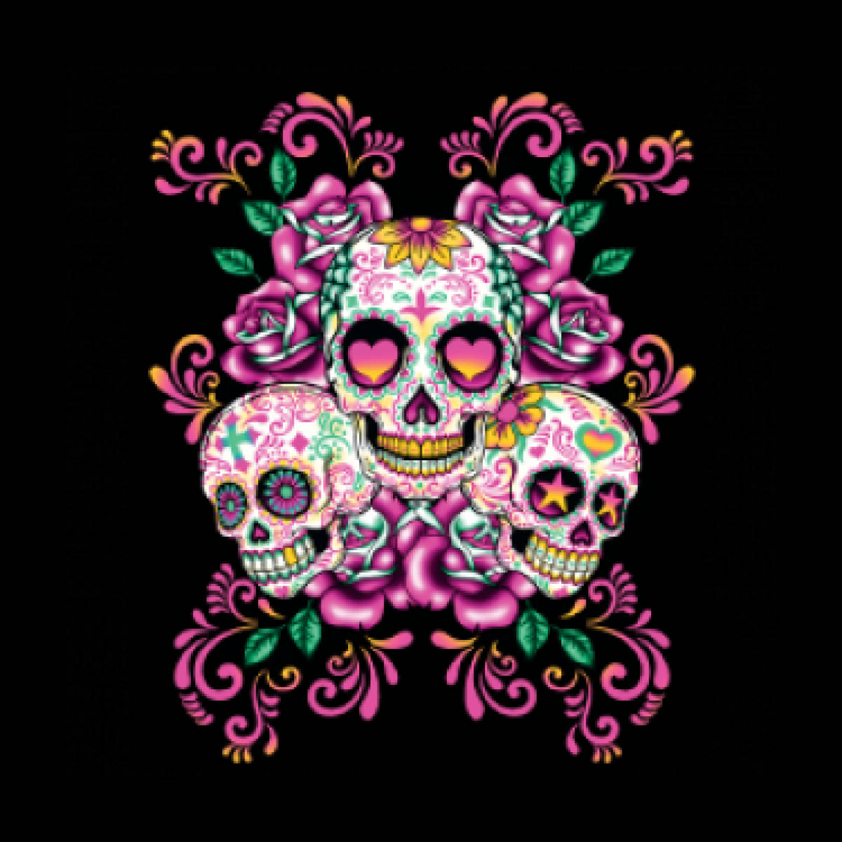 Colorful Skulls And Pink Roses Wallpaper