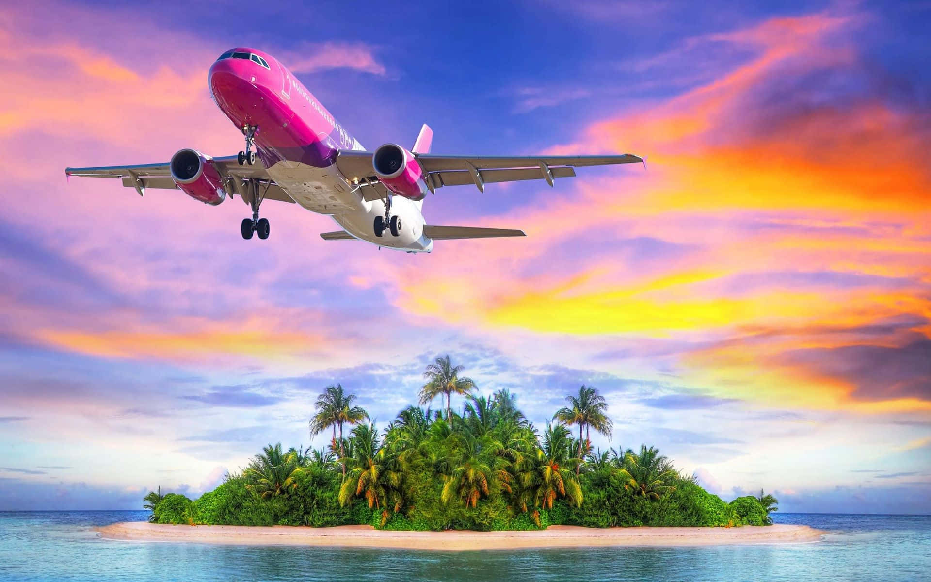 Colorful Sky Island Plane Background Wallpaper