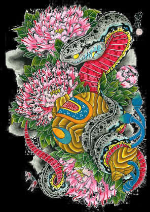 Colorful Snakeand Flowers Artwork PNG