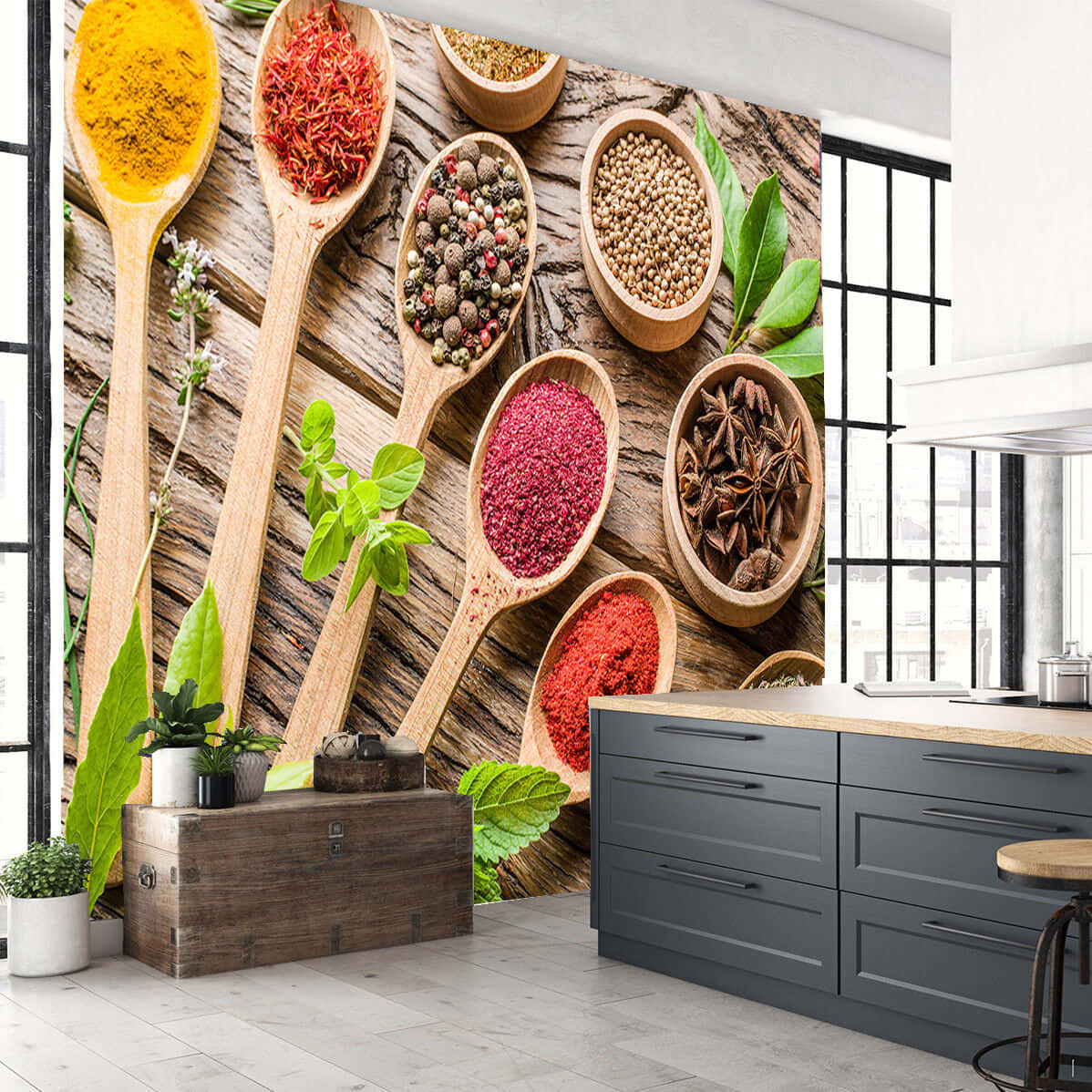 Colorful Spicesin Wooden Spoons Kitchen Decor Wallpaper