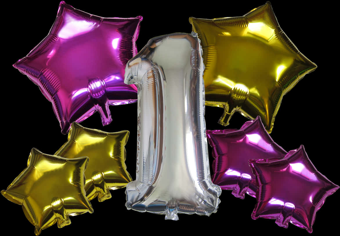 Colorful Star Balloonsand Silver Number One PNG