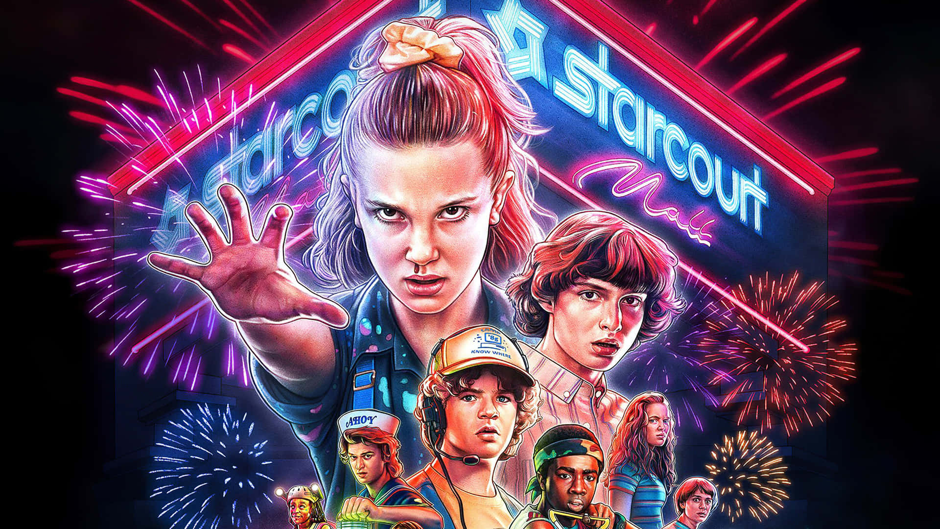 Colorful Stranger Things With Fireworks Wallpaper