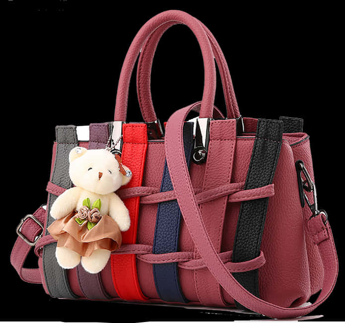 Colorful Striped Handbagwith Teddy Bear Charm PNG