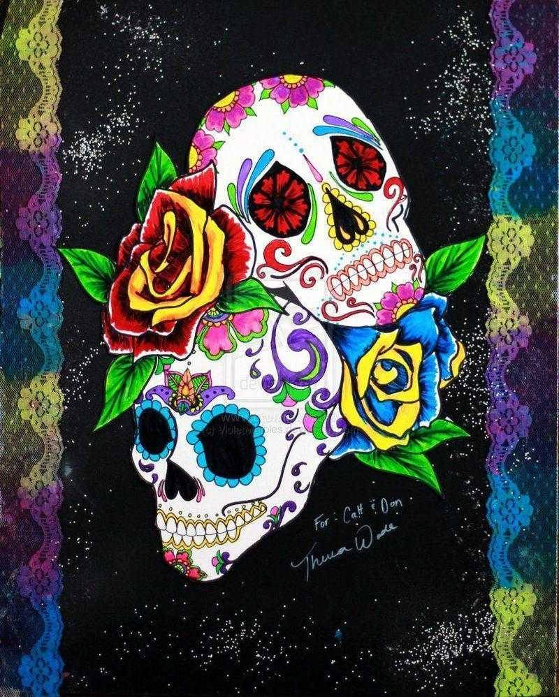 Colorful Sugar Skulls With Banners Wallpaper