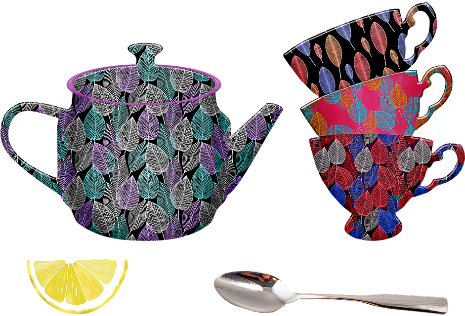 Colorful Tea Setand Lemon Slice PNG