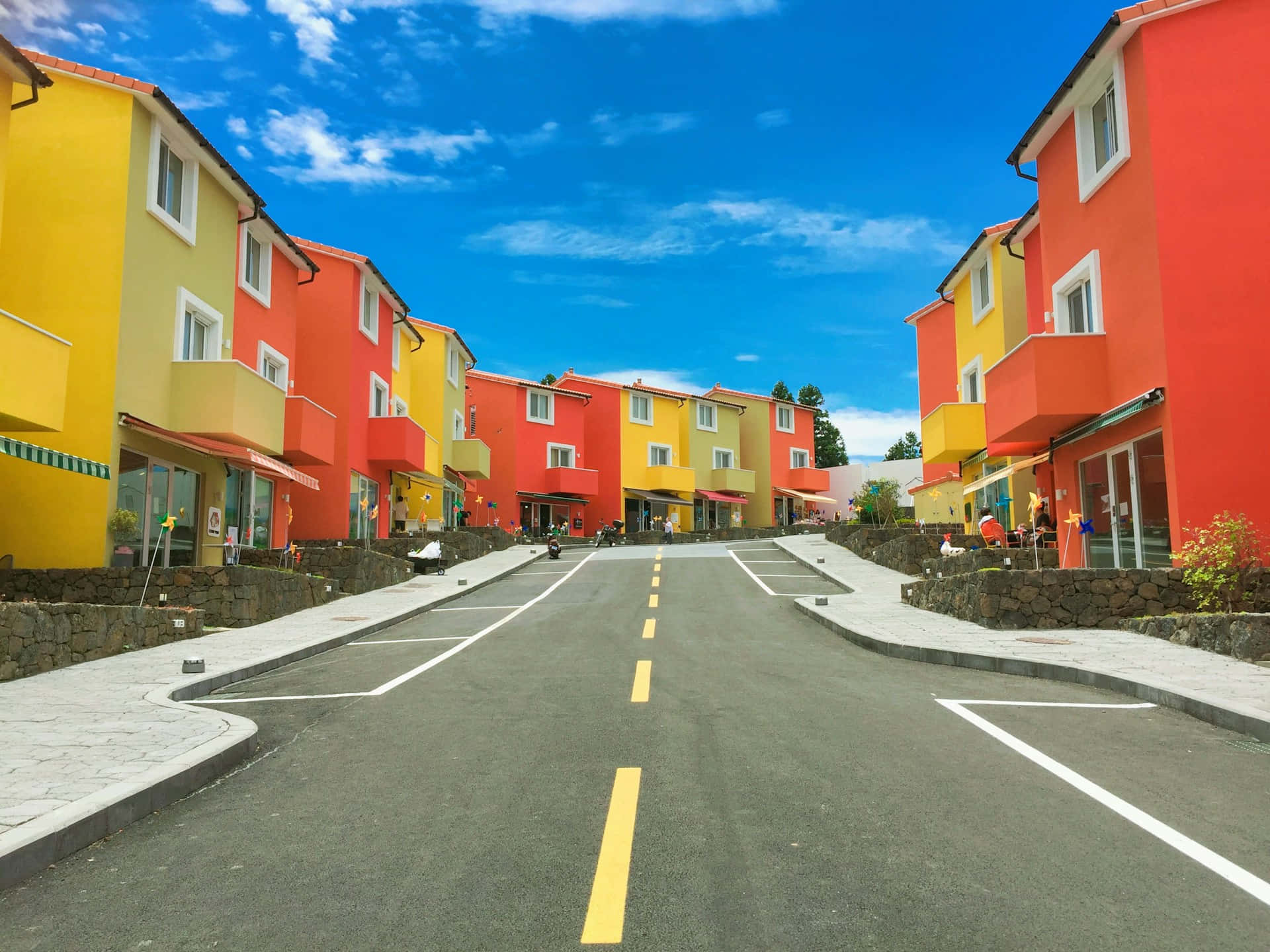 Colorful Townhouses Street View Wallpaper