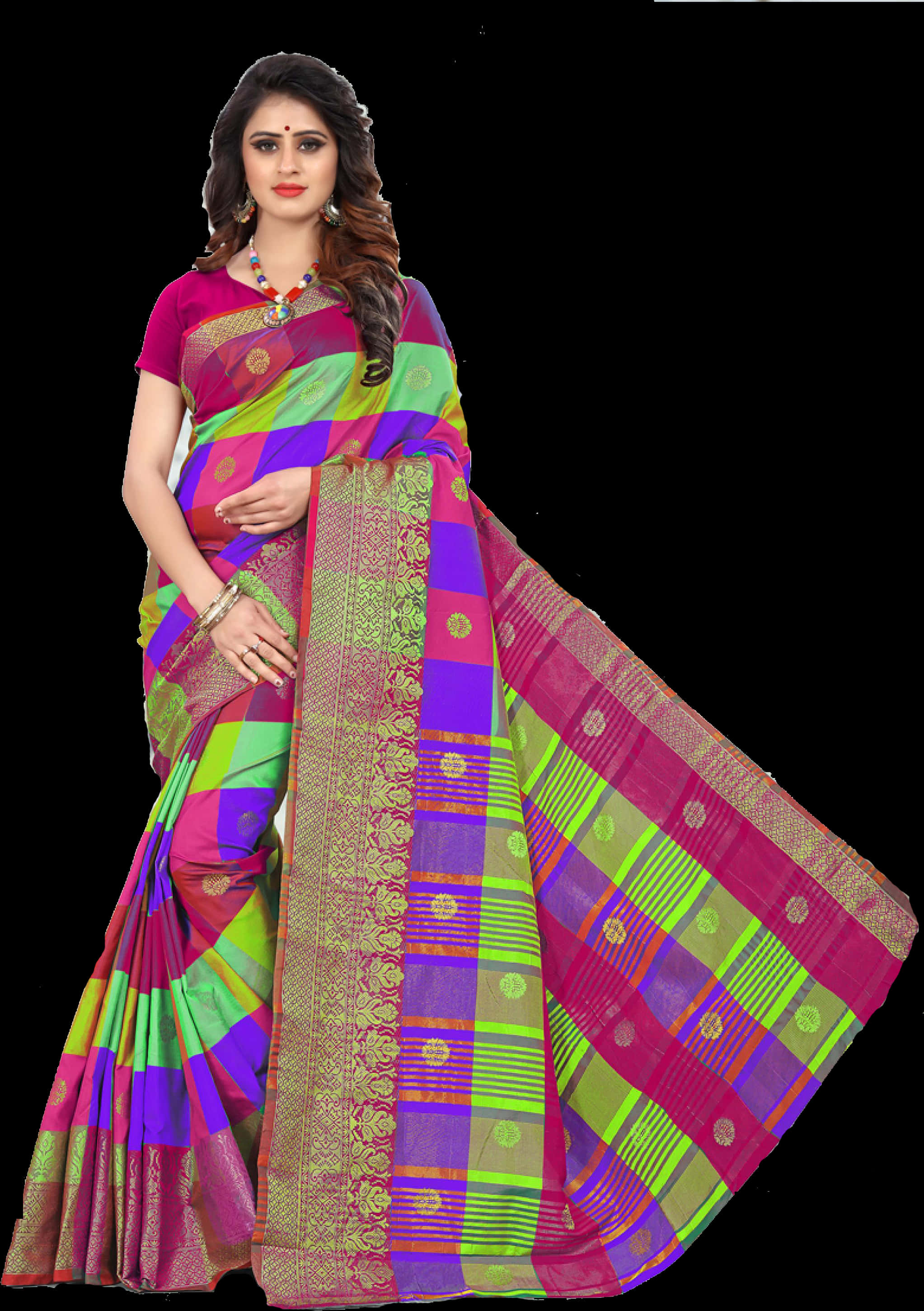 Colorful Traditional Silk Saree Model PNG