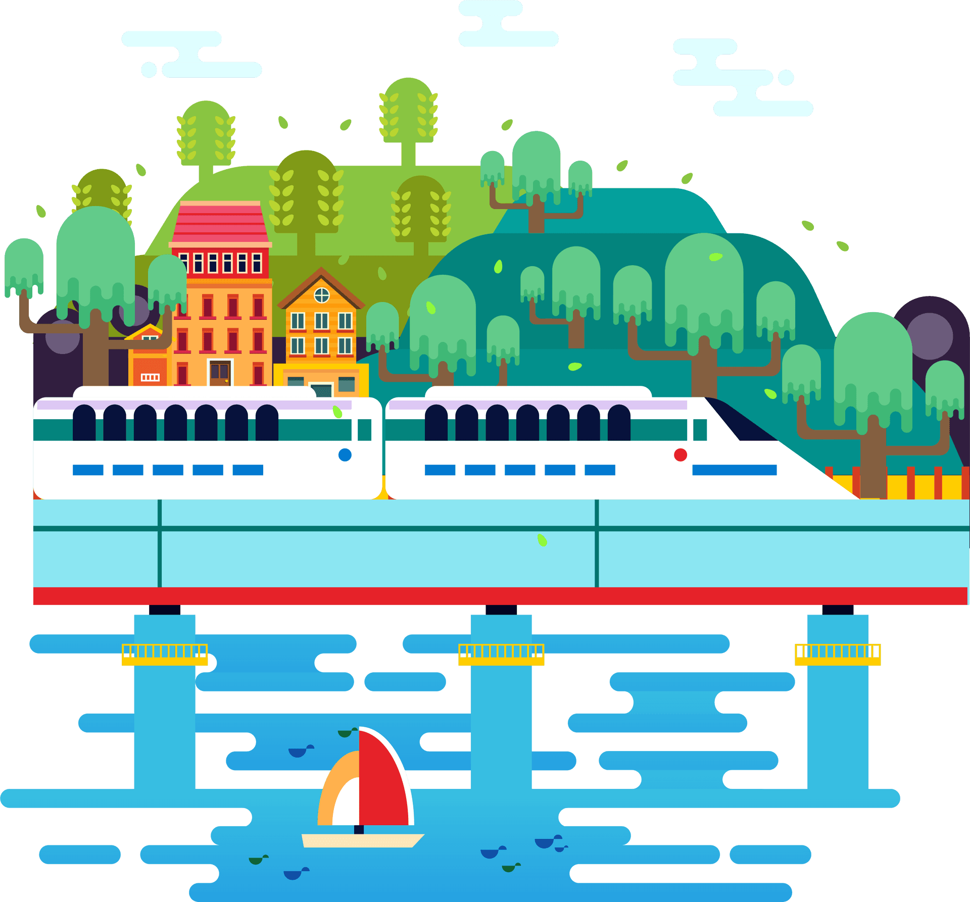 Colorful Train Crossing River Bridge Illustration PNG