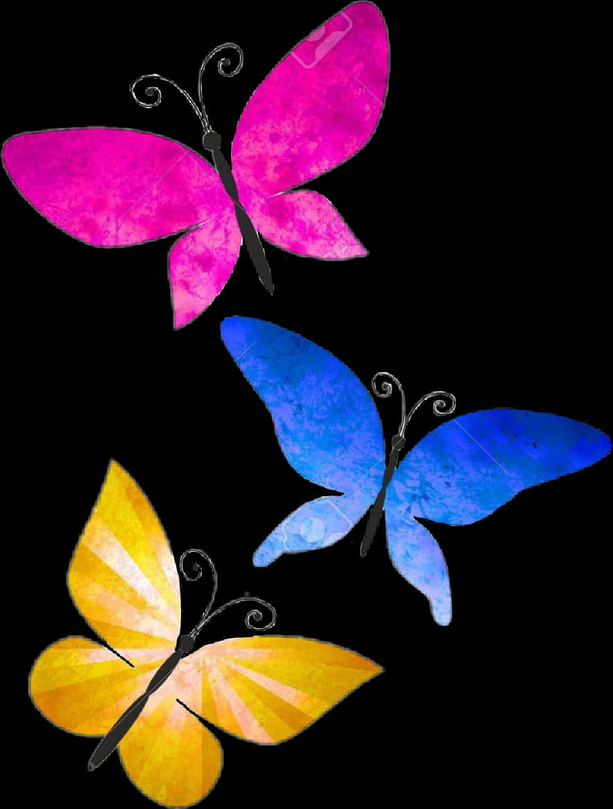 Colorful Trio Butterflies Art PNG