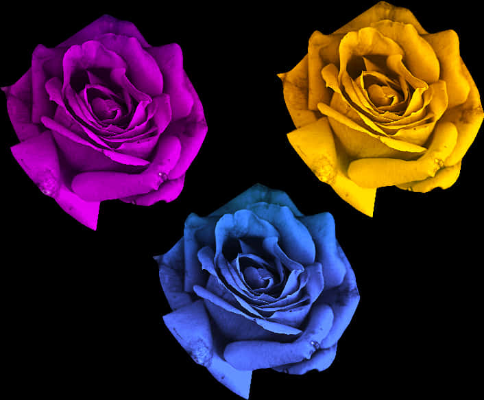 Colorful Trio Roses Black Background PNG