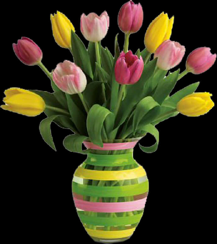Colorful Tulipsin Striped Vase PNG