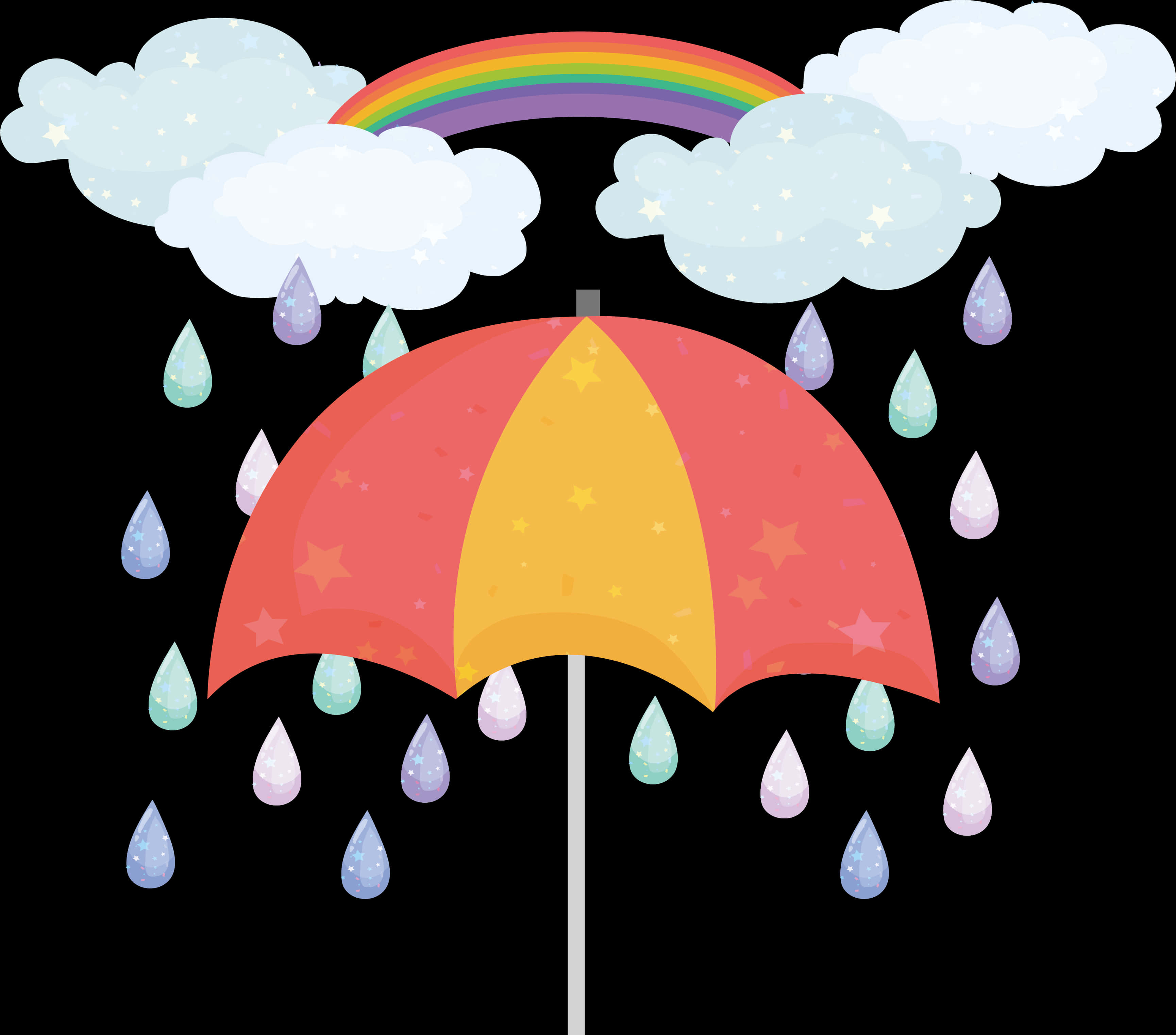 Colorful Umbrella Rain Drops Rainbow PNG