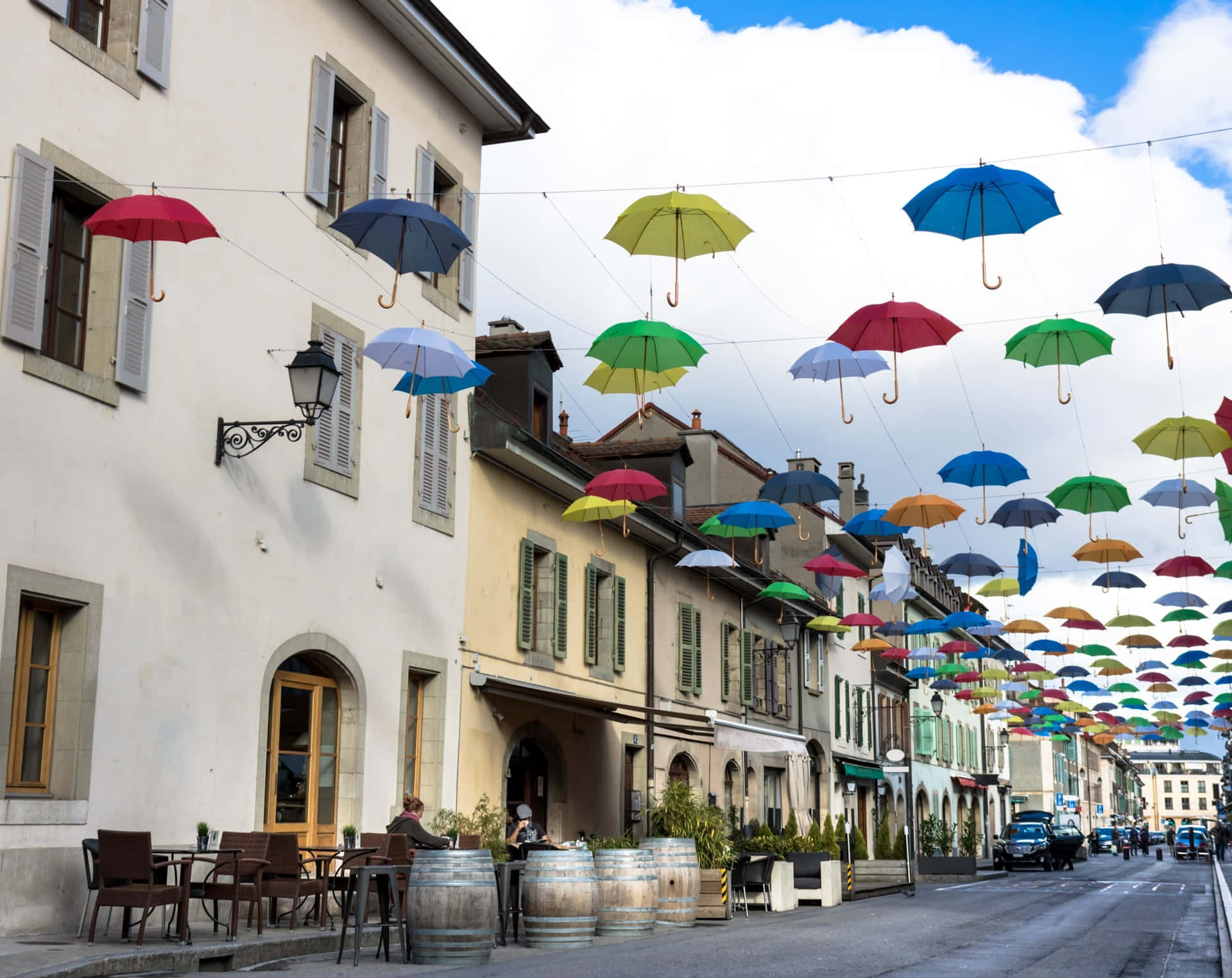 Colorful Umbrellas Street Carouge Wallpaper