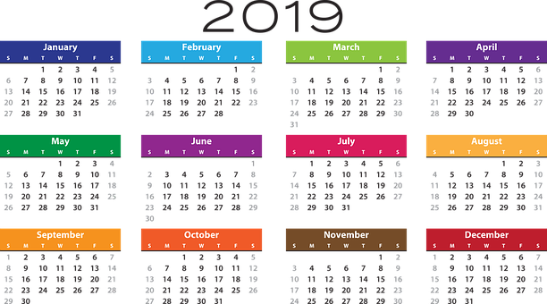 Colorful2019 Calendar Overview PNG