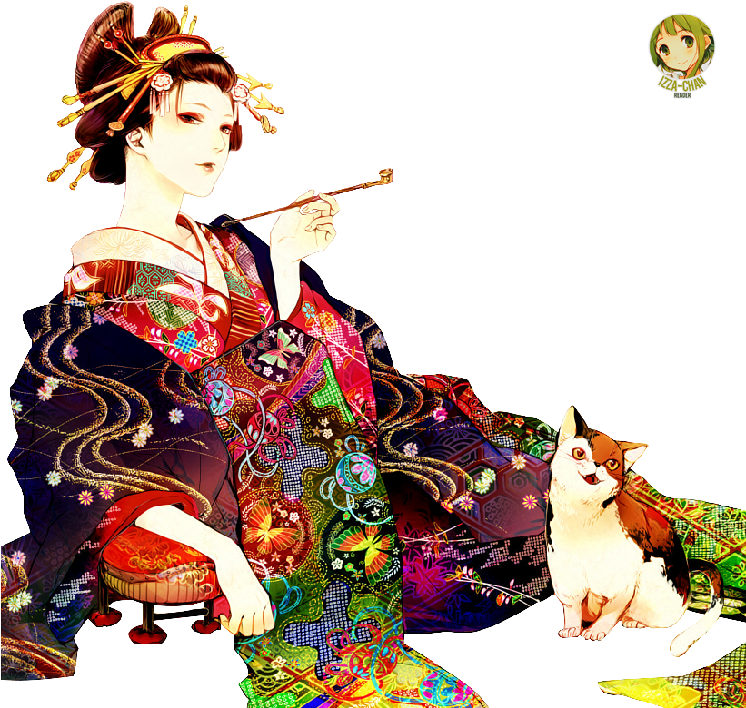 Colorful_ Geisha_with_ Cat_and_ Pipe PNG