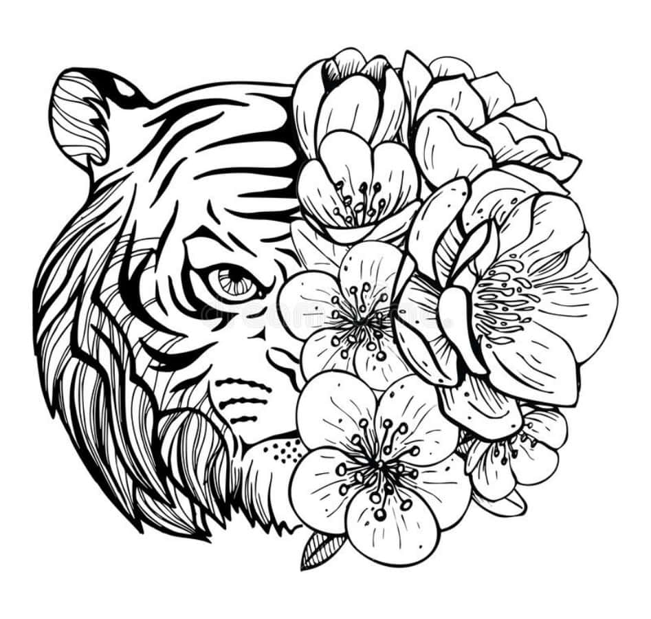 Tiger og Blomster Farvelægningsbilleder Tapet