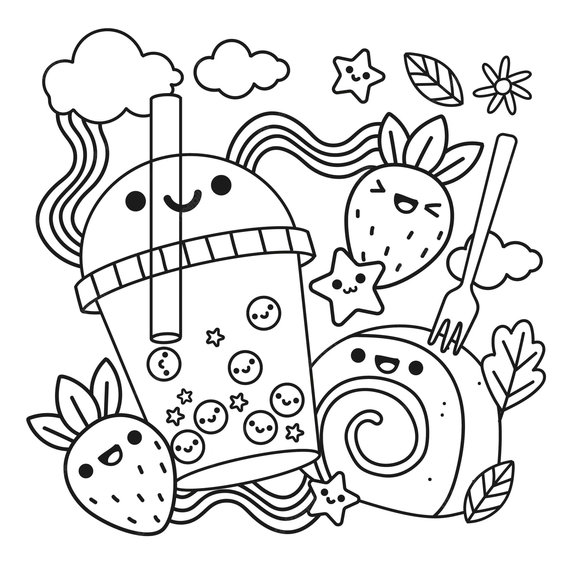 Kawaii Fruit Shake And Bread Coloring Pictures