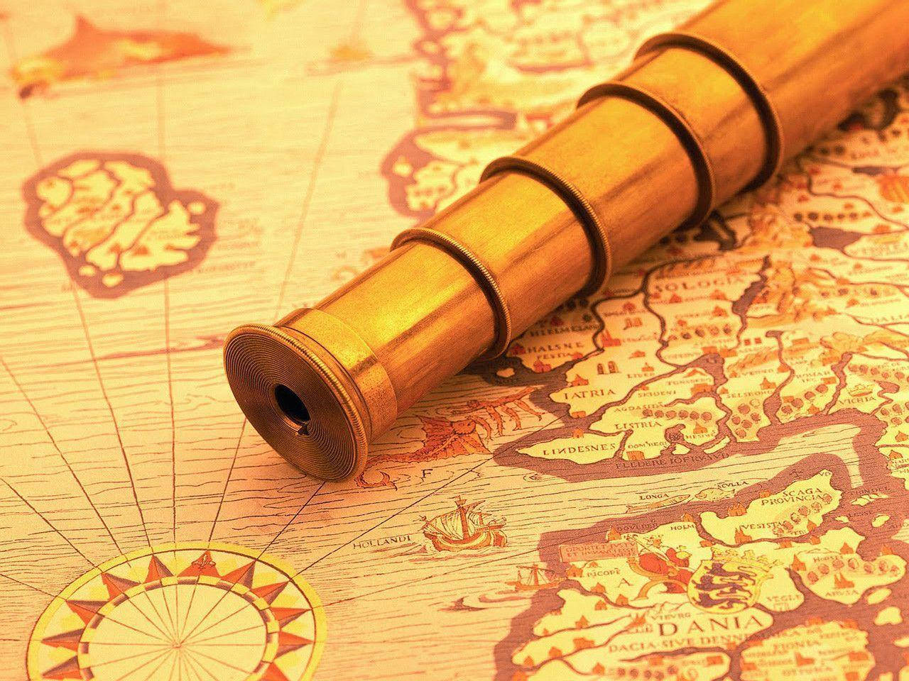 Columbus Day Gold Telescope And Map