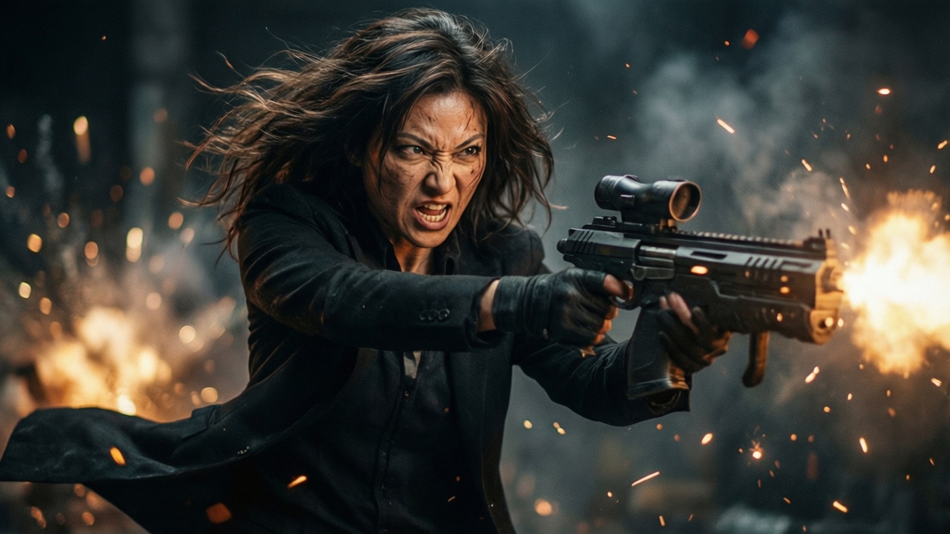 Misae Sagara in the heat of battle, firing her weapon.