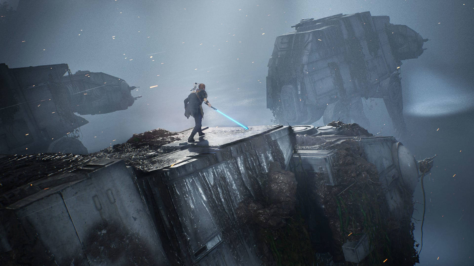 Jedi master Cal Kestis battles AT-AT walkers in Star Wars Jedi Fallen Order. Wallpaper
