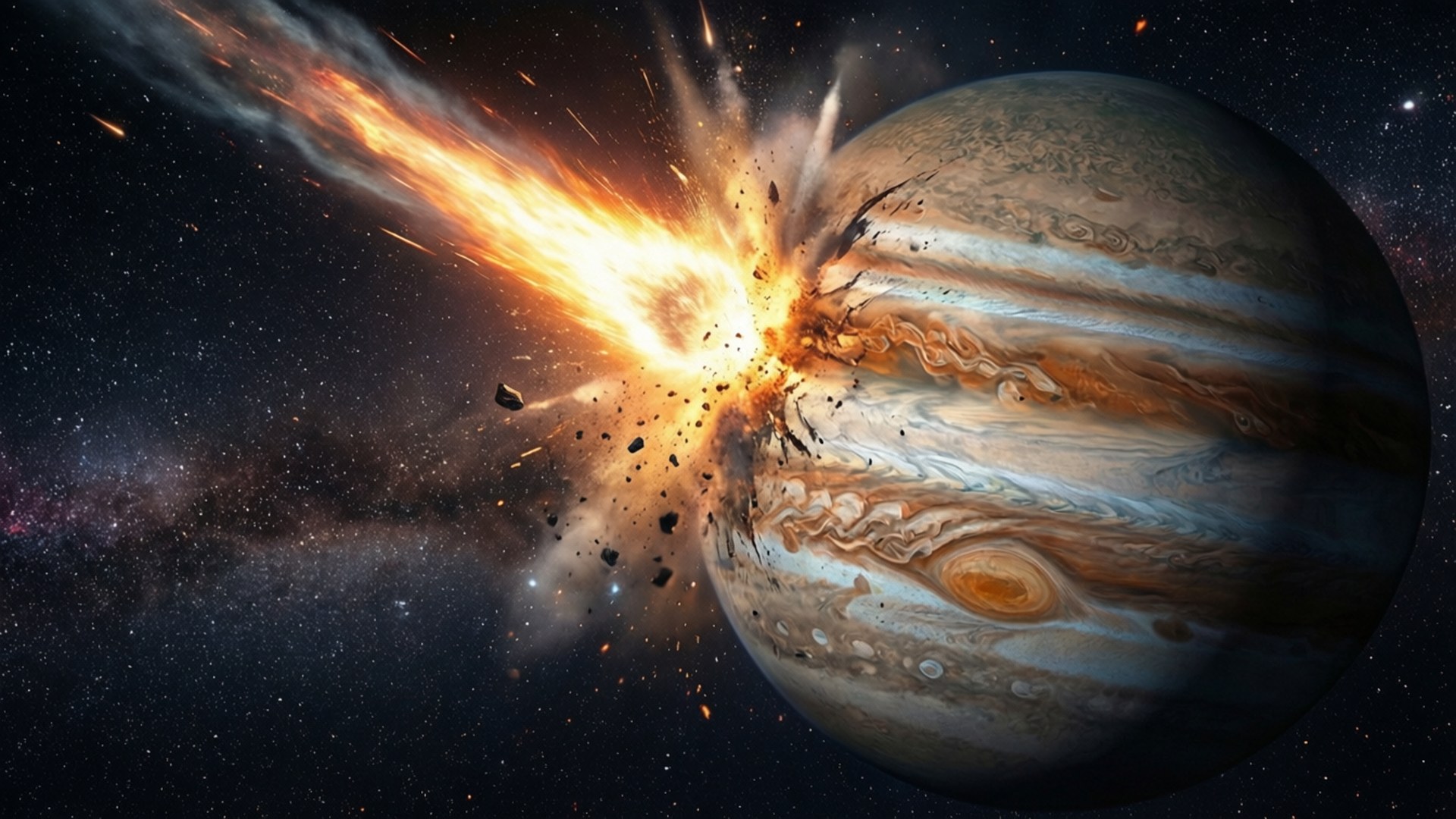 A comet crashing into Jupiter with a bright explosion and debris.