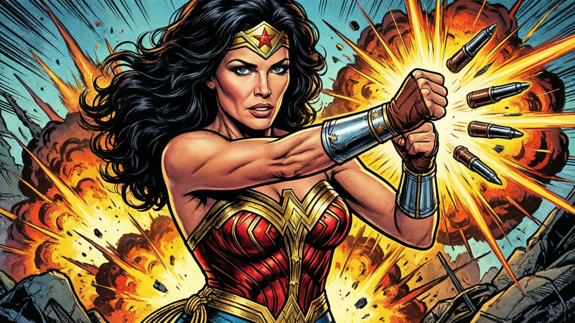 Wonder Woman slår kuler ut av luften under en eksplosjon.