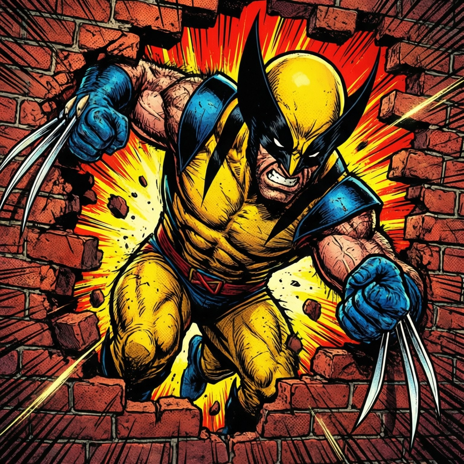Wolverine murskaa seinän läpi klassisessa sarjakuvatyylissä.